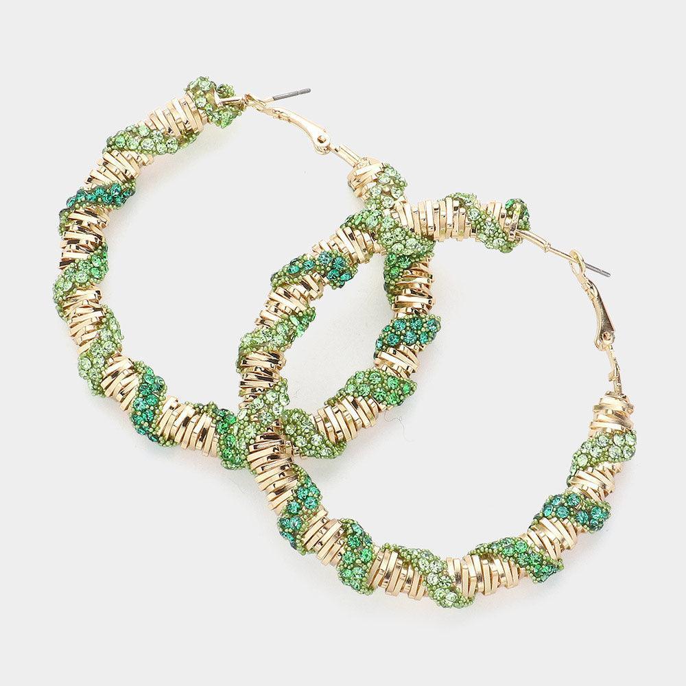 Green Stone Paved Spiral Hoop Earrings - Jewelry Store by Erik Rayo