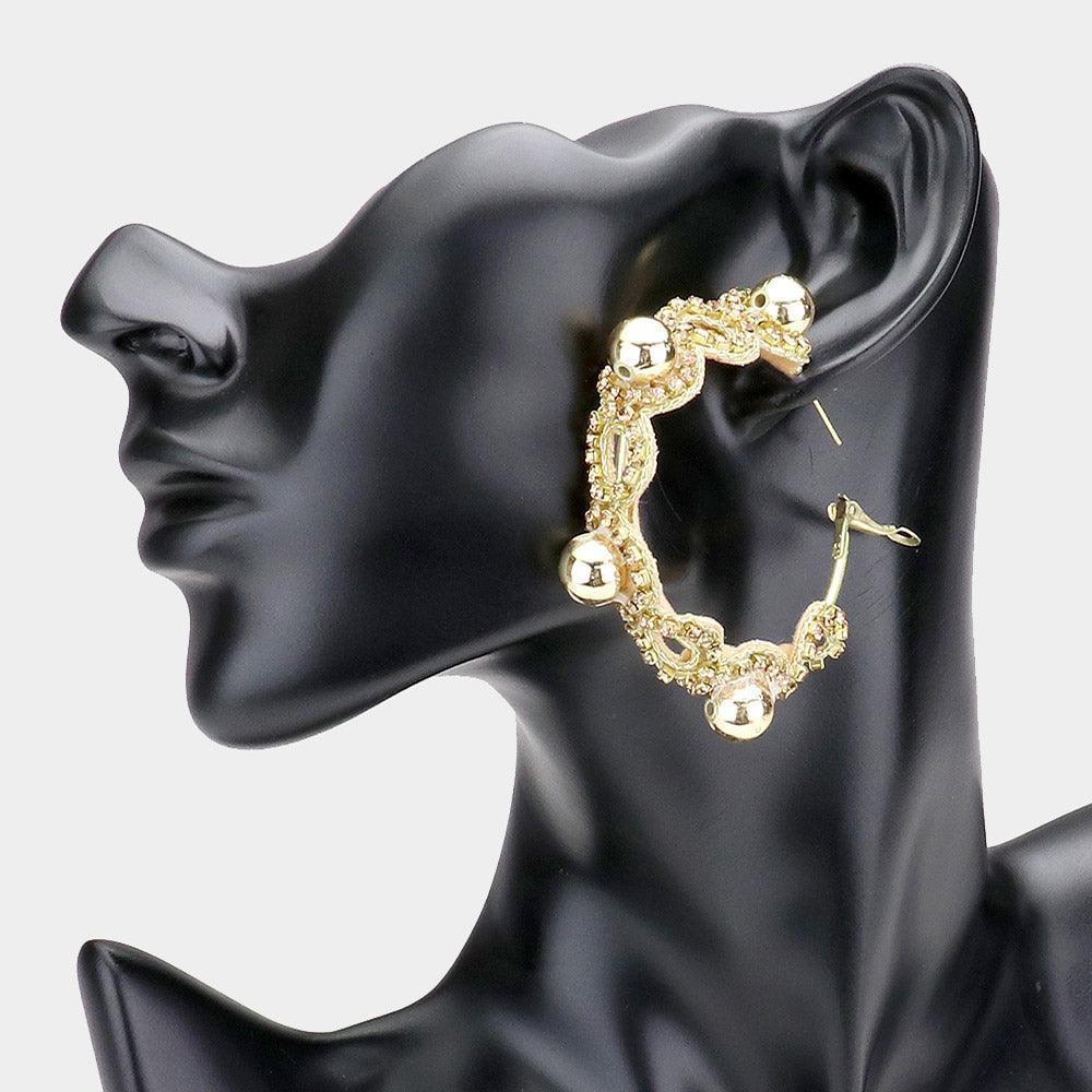 Gold Rhinestone Trimmed Metal Ball Accented Hoop Earrings - Jewelry Store by Erik Rayo
