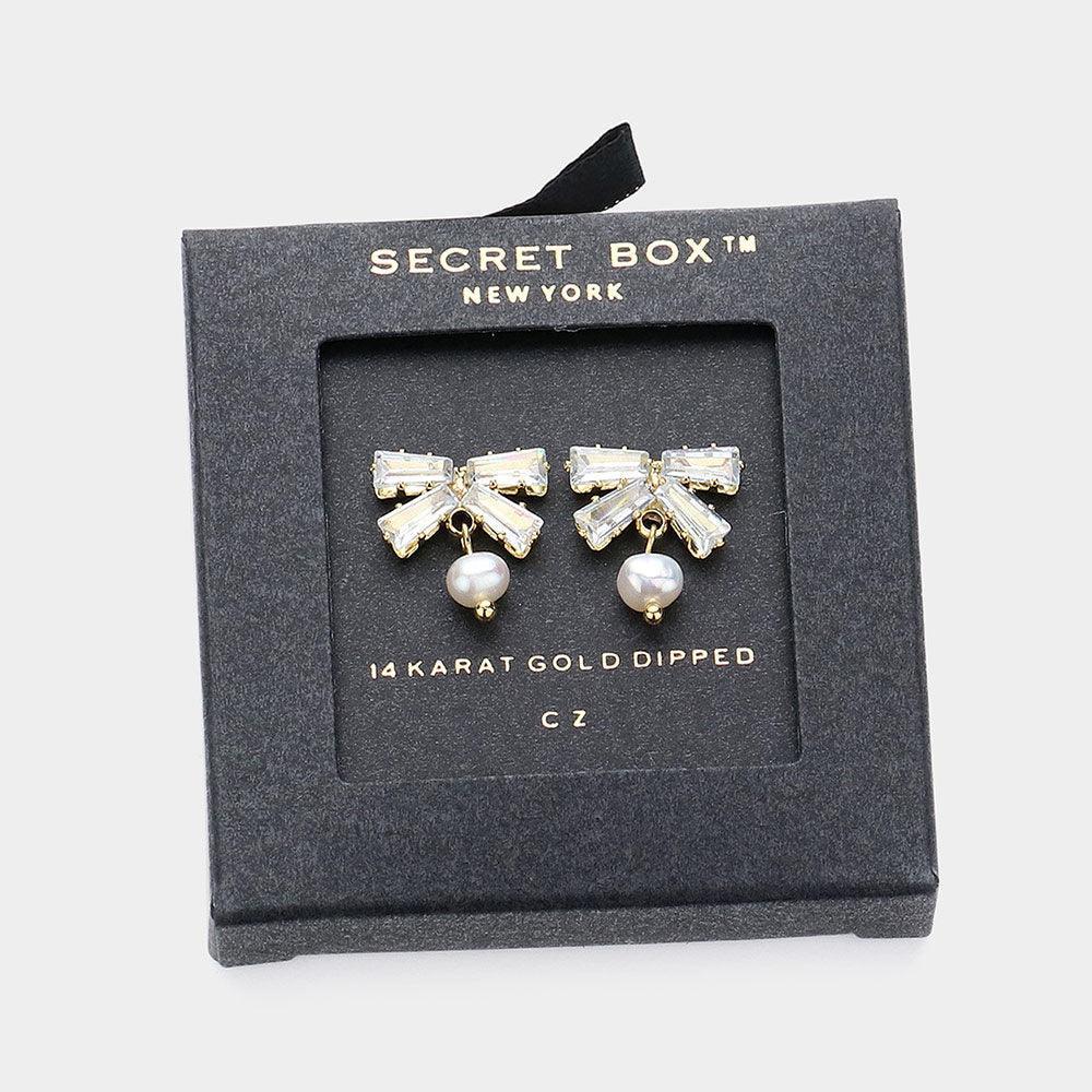 14K Gold Dipped CZ Stone Bow Pearl Pointed Earrings - Jewelry Store by Erik Rayo