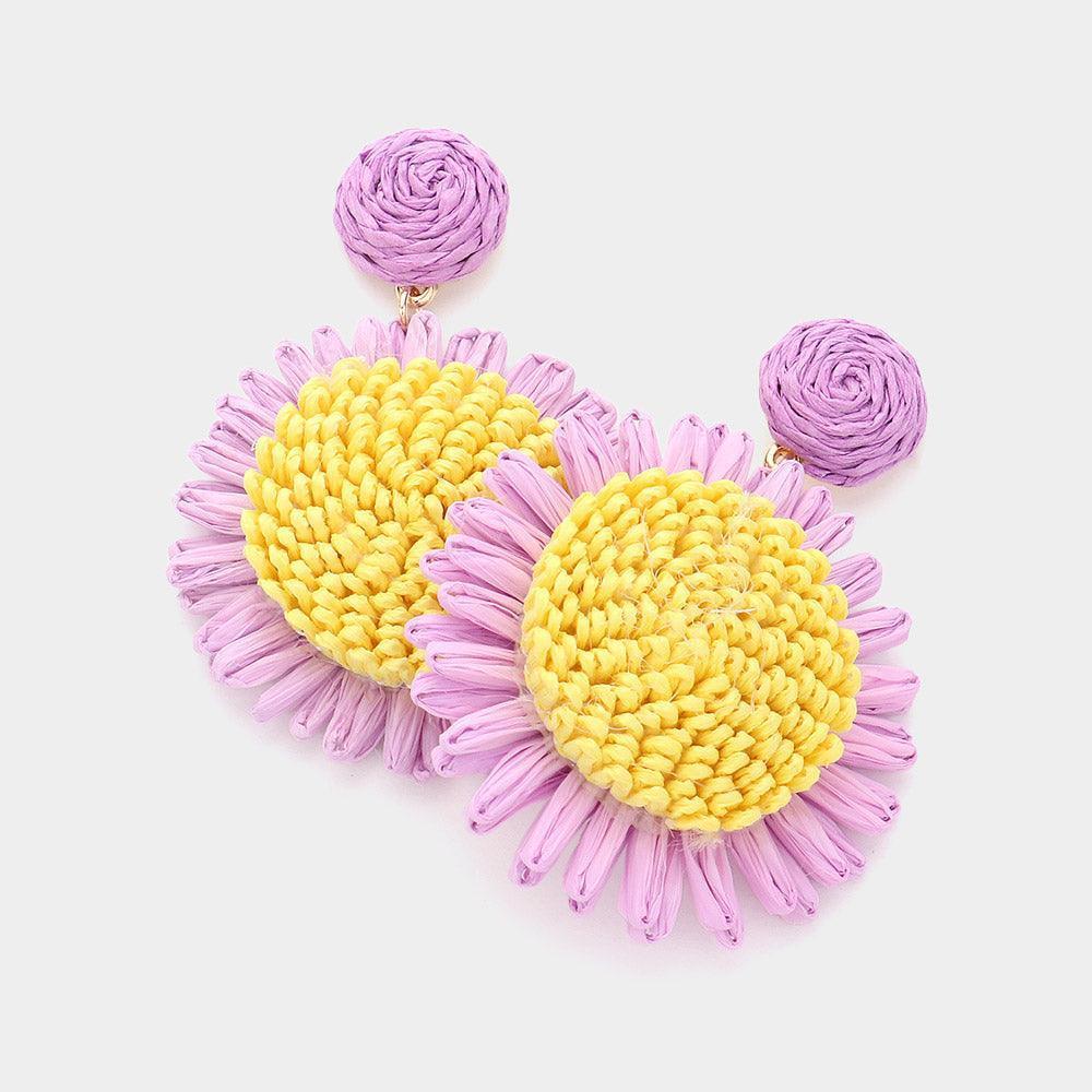 Lavender Raffia Sunflower Dangle Earrings - Jewelry Store by Erik Rayo