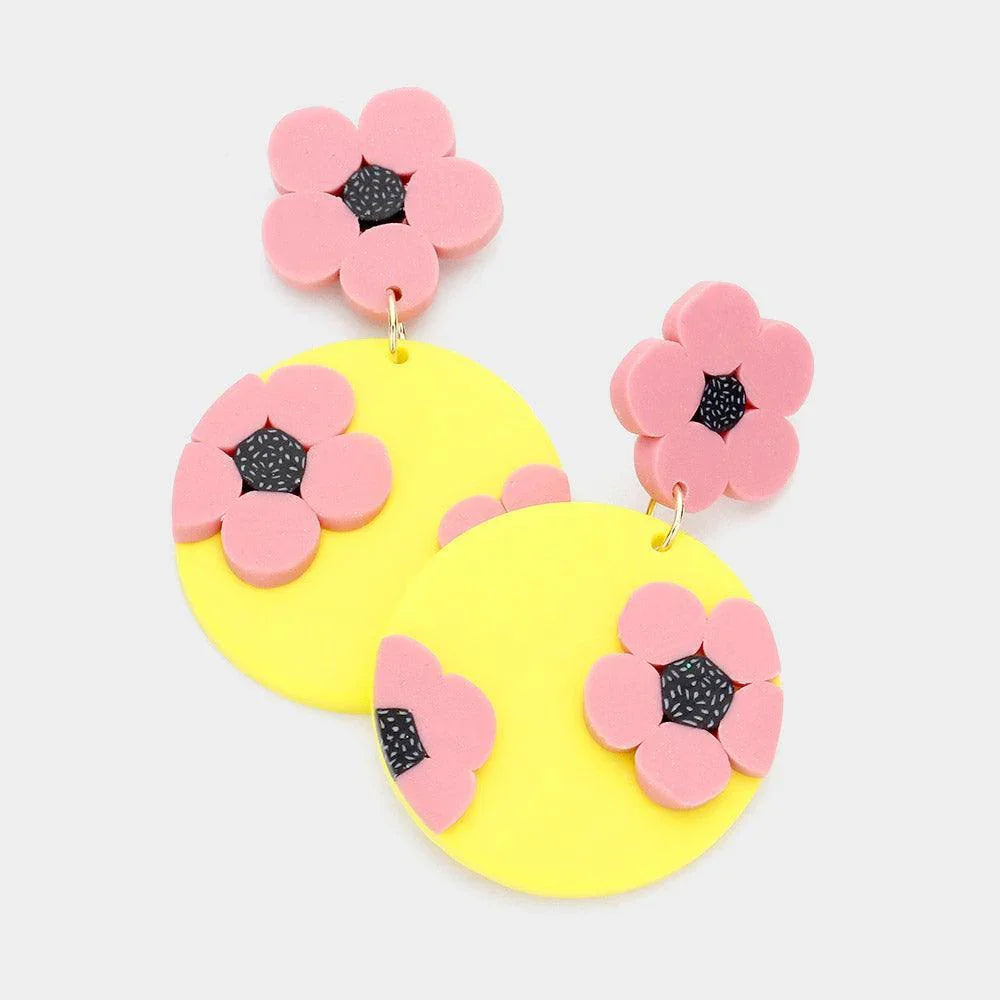 Yellow Flower Accented Round Polymer Clay Dangle Earrings - Jewelry Store by Erik Rayo