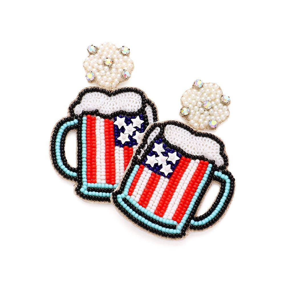 Felt Back Pearl Cluster Quatrefoil American USA Flag Beer Link Dangle Earrings - Jewelry Store by Erik Rayo