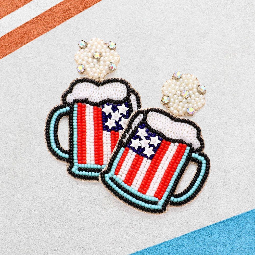 Felt Back Pearl Cluster Quatrefoil American USA Flag Beer Link Dangle Earrings - Jewelry Store by Erik Rayo