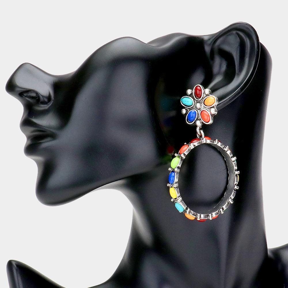 Oval Natural Stone Embellished Open Circle Dangle Earrings - Jewelry Store by Erik Rayo