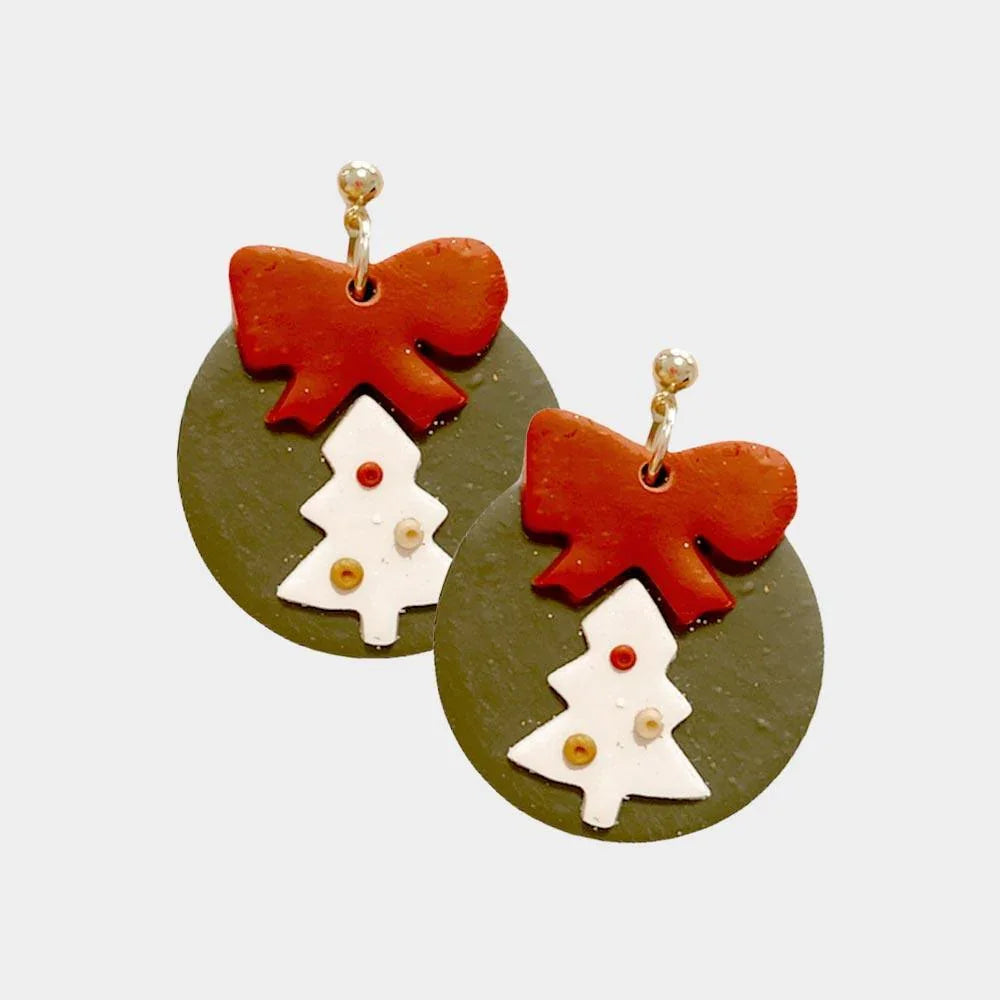 Green Christmas Tree Bow Polymer Clay Dangle Earrings - Jewelry Store by Erik Rayo