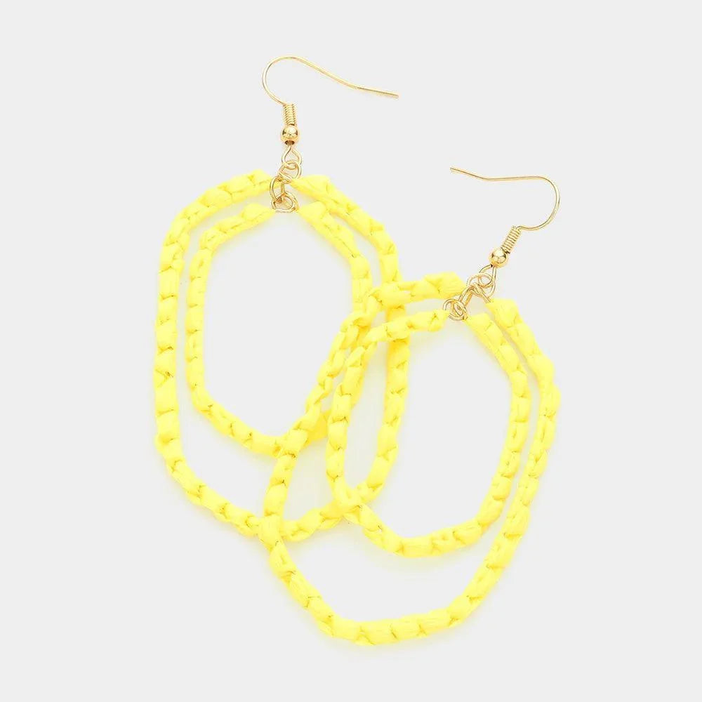 Yellow Woven Raffia Double Open Hexagon Dangle Earrings - Jewelry Store by Erik Rayo