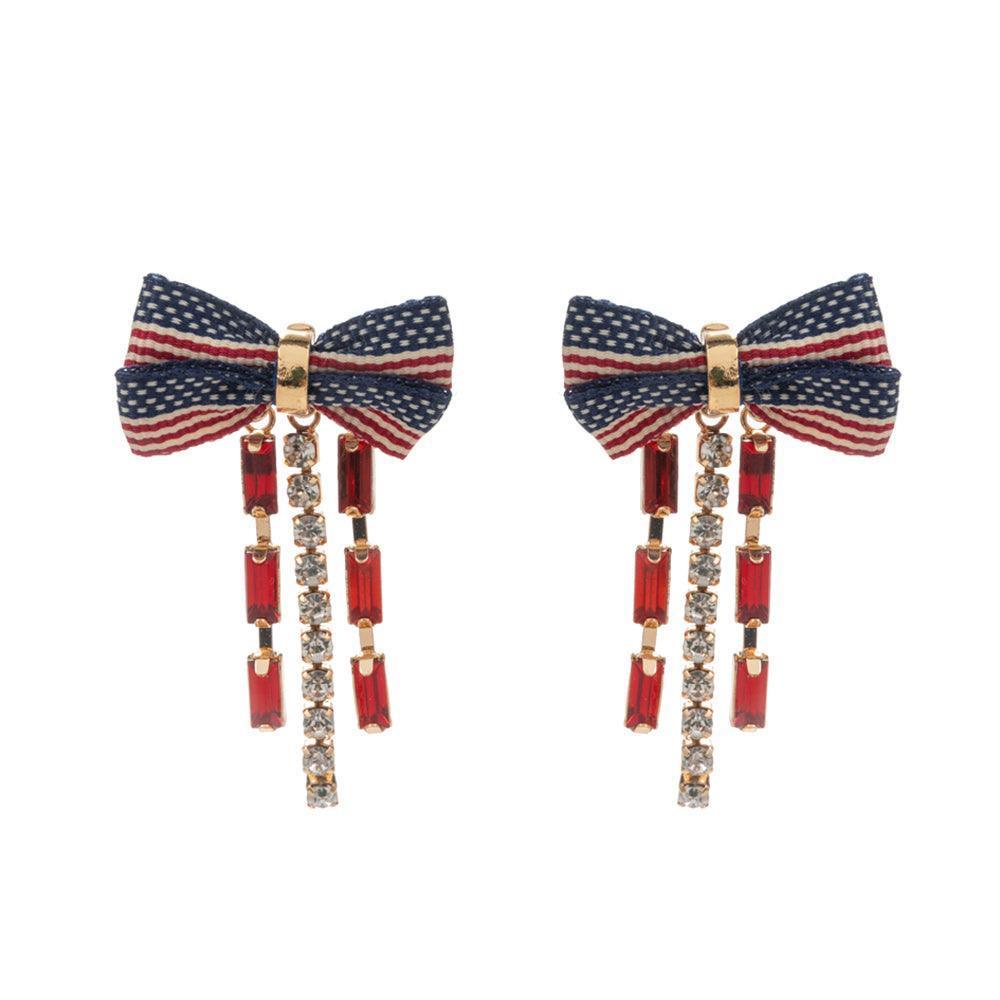 Gold Rhinestone Cluster Fringe American USA Flag Bow Earrings - Jewelry Store by Erik Rayo