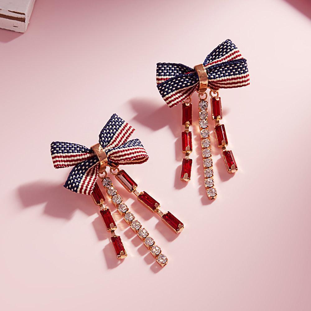Gold Rhinestone Cluster Fringe American USA Flag Bow Earrings - Jewelry Store by Erik Rayo