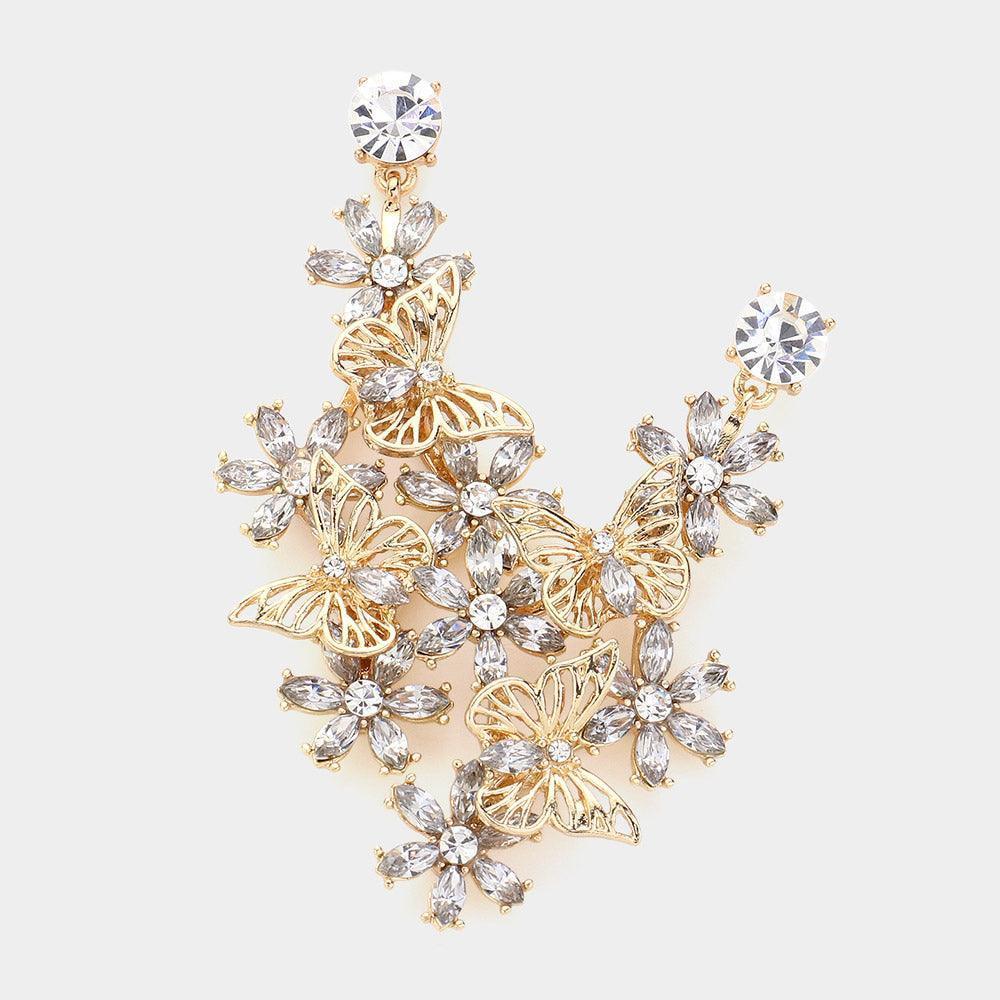 Gold Metal Butterfly Stone Flower Cluster Dangle Earrings - Jewelry Store by Erik Rayo