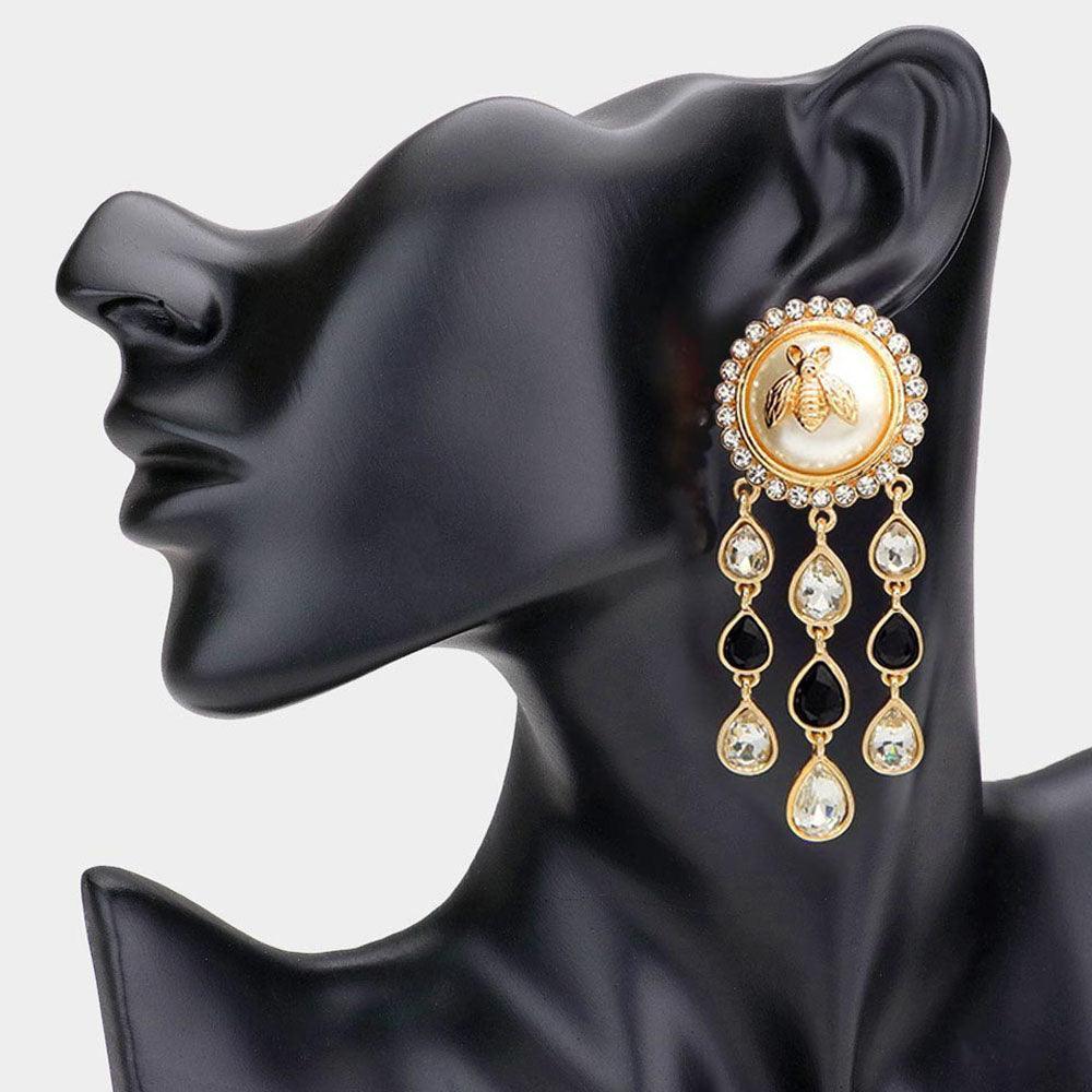 Gold Bumble Bee Pearl Accented Teardrop Stone Cluster Drop Down Earrings - Jewelry Store by Erik Rayo