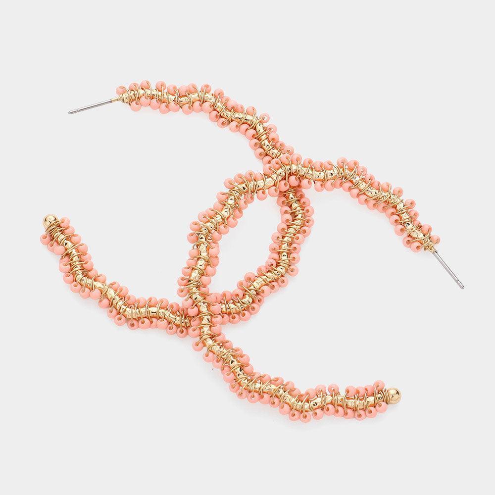 Pink Seed Bead Wrapped Wavy Hoop Earrings - Jewelry Store by Erik Rayo