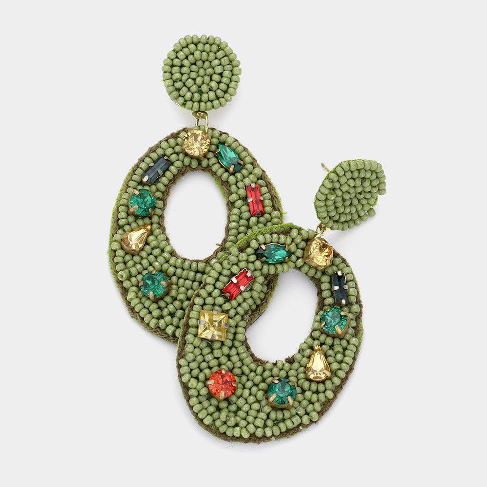 Green Multi Stone Embellished Seed Beaded Cut Out Oval Dangle Earrings - Jewelry Store by Erik Rayo