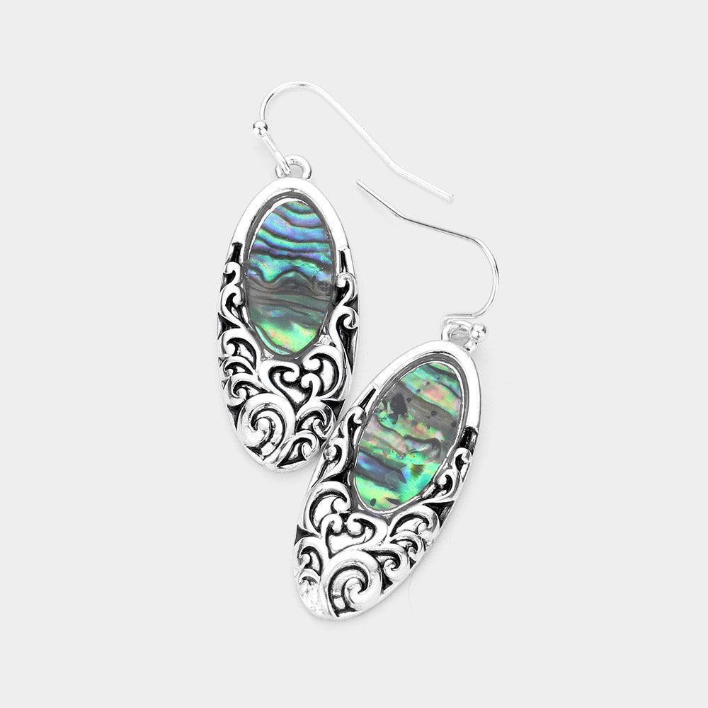 Abalone Accented Embossed Metal Oval Dangle Earrings - Jewelry Store by Erik Rayo