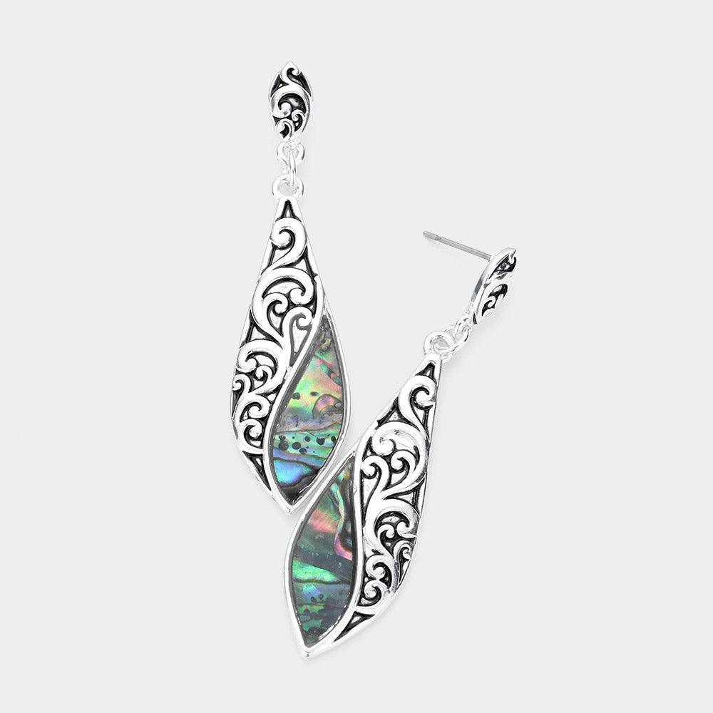Abalone Accented Embossed Metal Teardrop Dangle Earrings - Jewelry Store by Erik Rayo