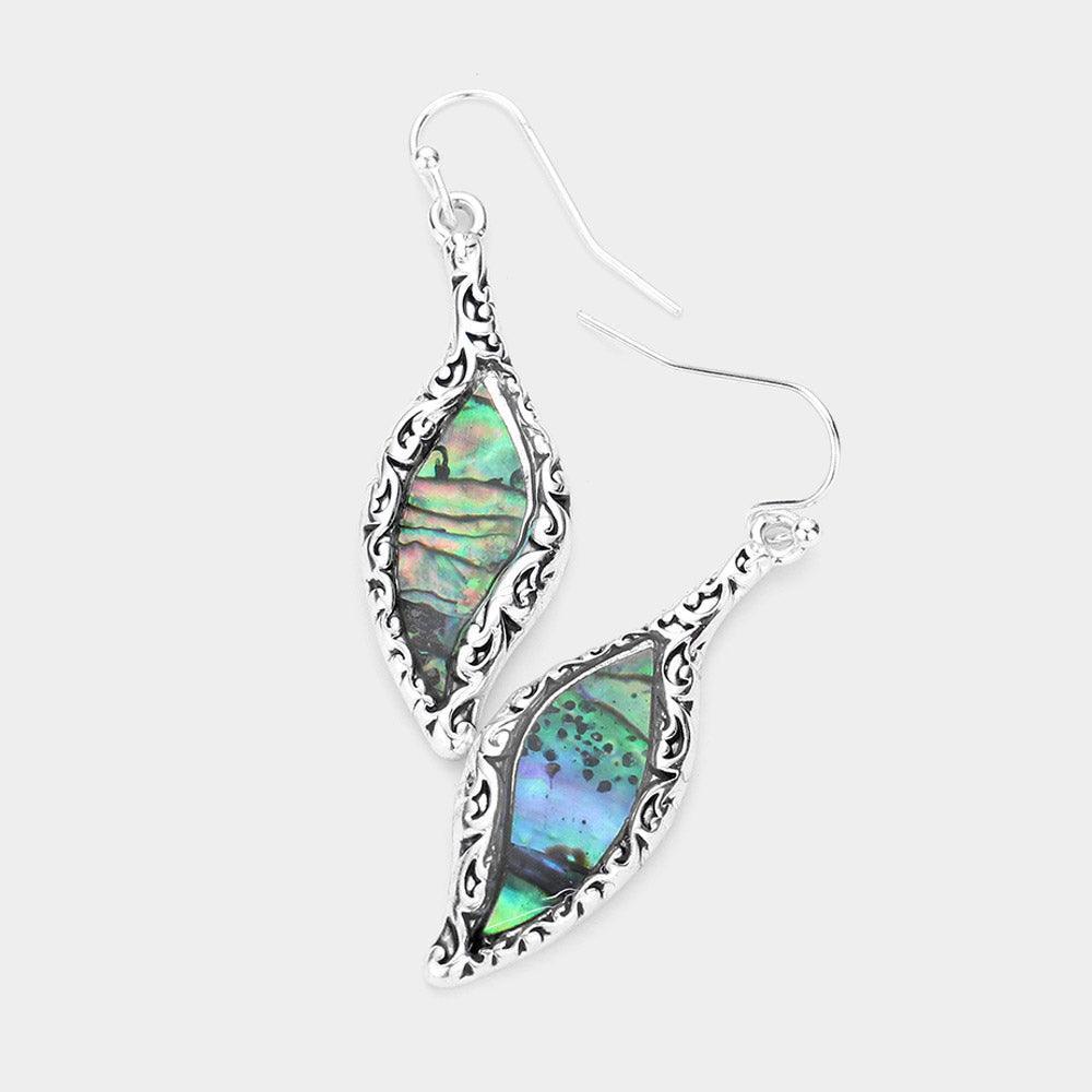 Abalone Accented Embossed Metal Petal Dangle Earrings - Jewelry Store by Erik Rayo