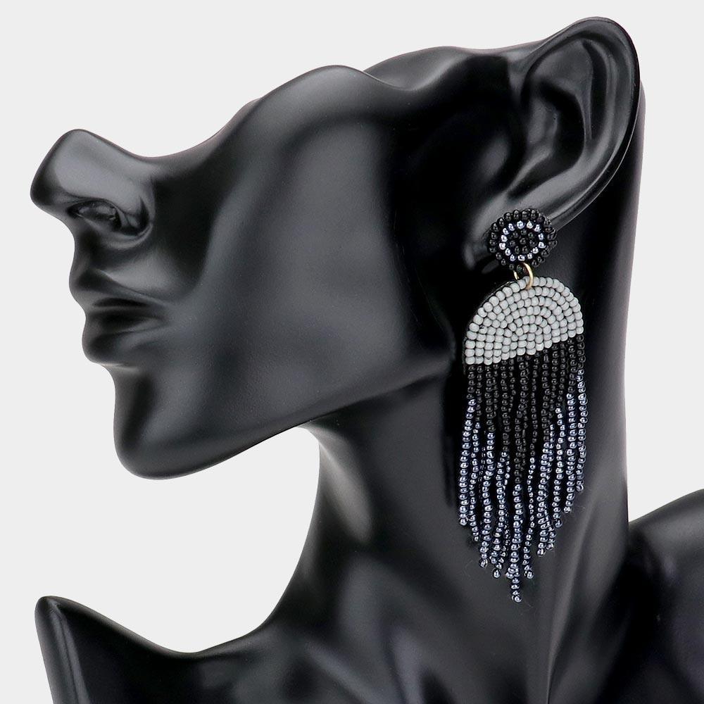 Gray Seed Beaded Fringe Dangle Earrings - Jewelry Store by Erik Rayo