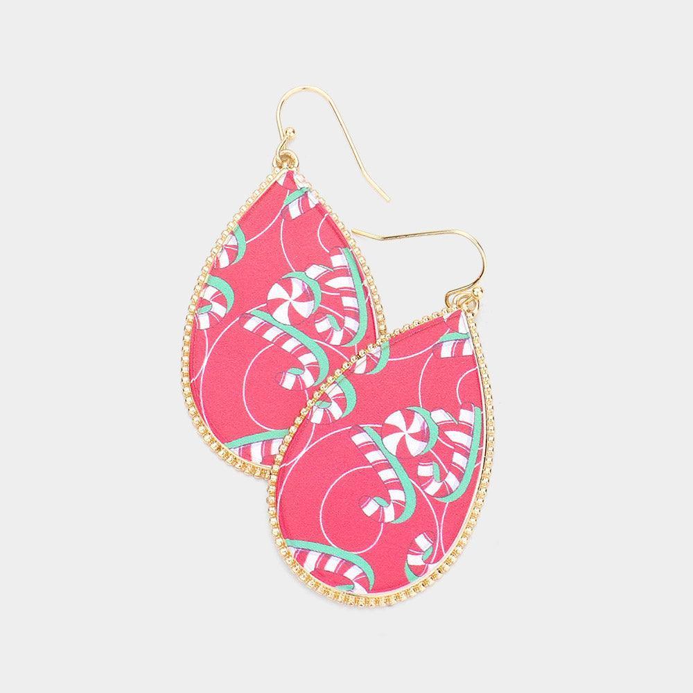 Gold Candy Cane Printed Teardrop Dangle Earrings - Jewelry Store by Erik Rayo