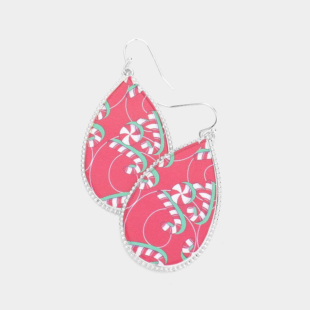 Candy Cane Printed Teardrop Dangle Earrings - Jewelry Store by Erik Rayo
