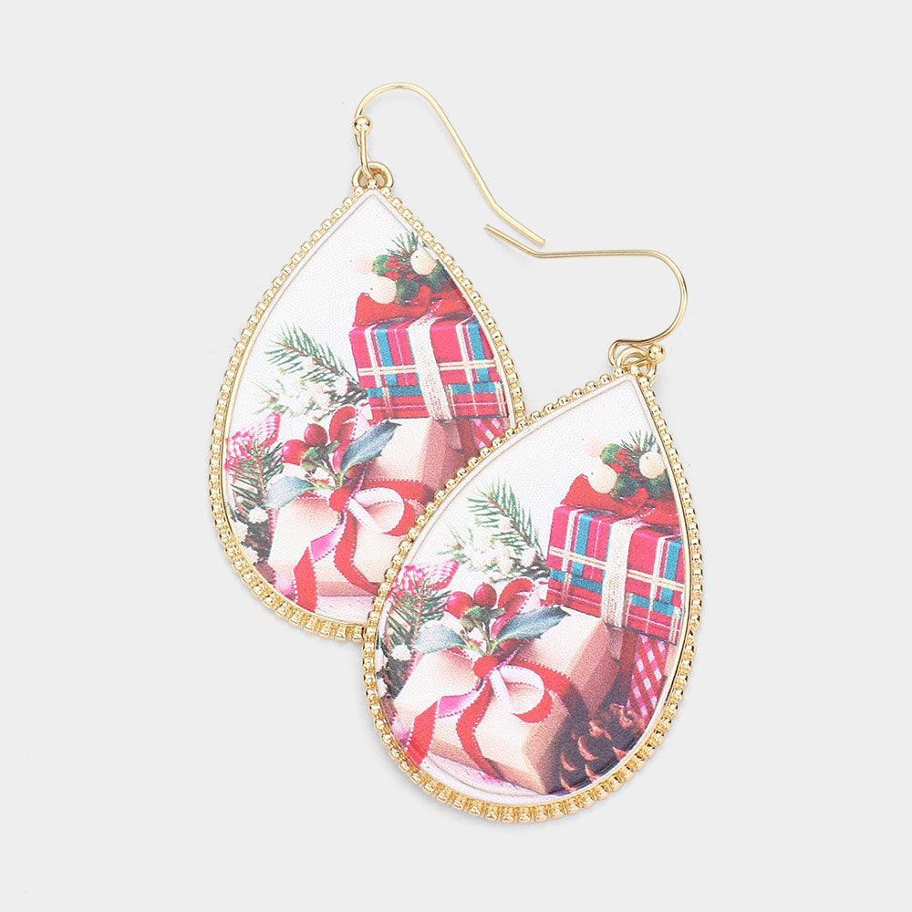 Gold Christmas Gift Printed Teardrop Dangle Earrings - Jewelry Store by Erik Rayo