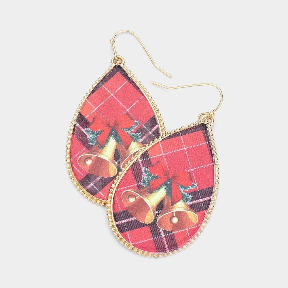 Gold Jingle Bell Printed Teardrop Dangle Earrings - Jewelry Store by Erik Rayo