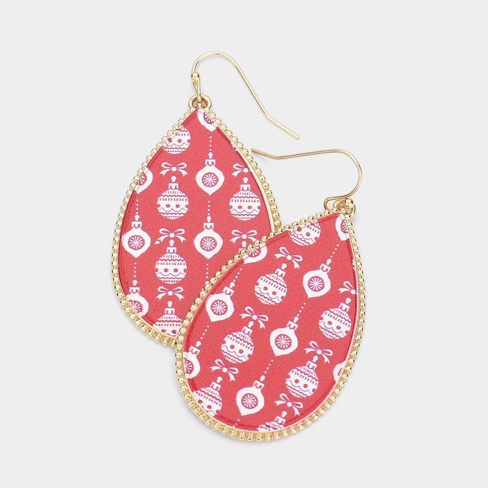 Gold Christmas Ornament Bulb Printed Teardrop Dangle Earrings - Jewelry Store by Erik Rayo