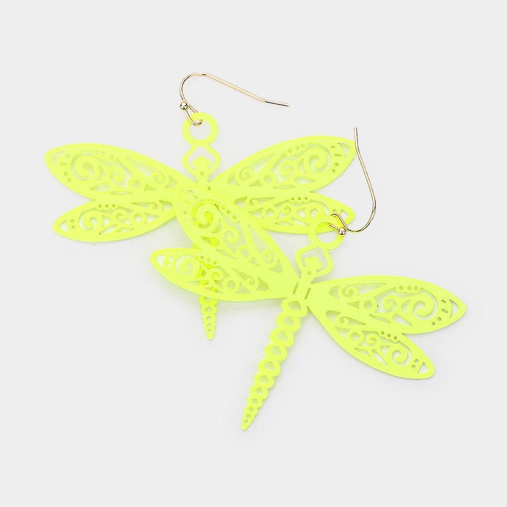 Yellow Cut Out Brass Metal Dragonfly Dangle Earrings - Jewelry Store by Erik Rayo