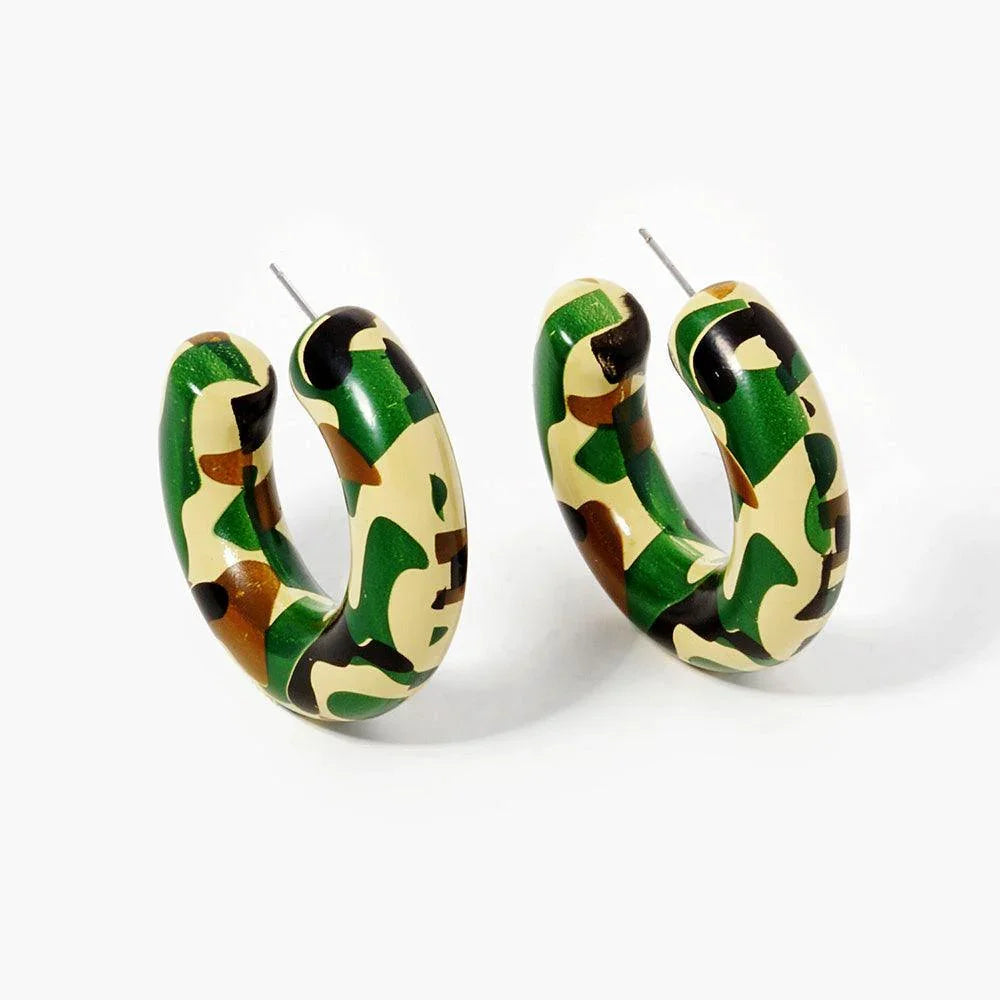 Green Camouflage Printed Wood Thick Hoop Earrings - Jewelry Store by Erik Rayo