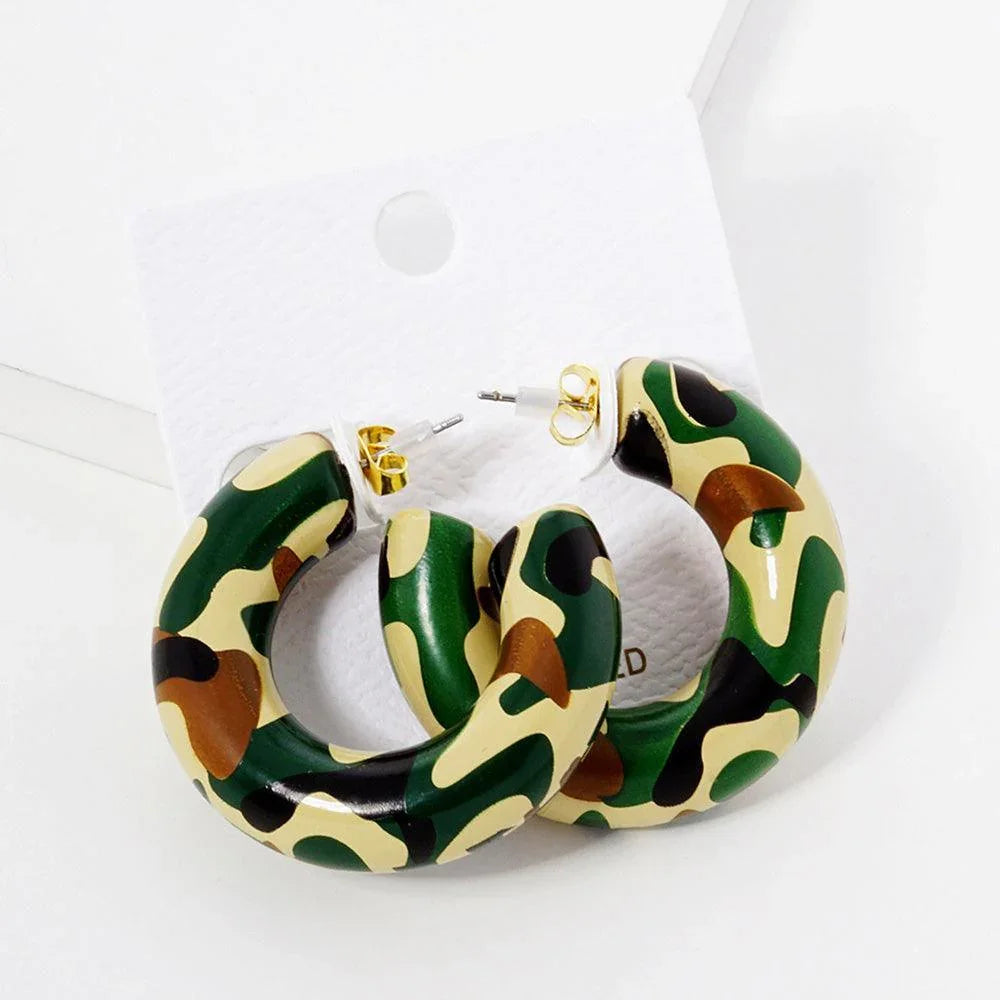 Green Camouflage Printed Wood Thick Hoop Earrings - Jewelry Store by Erik Rayo
