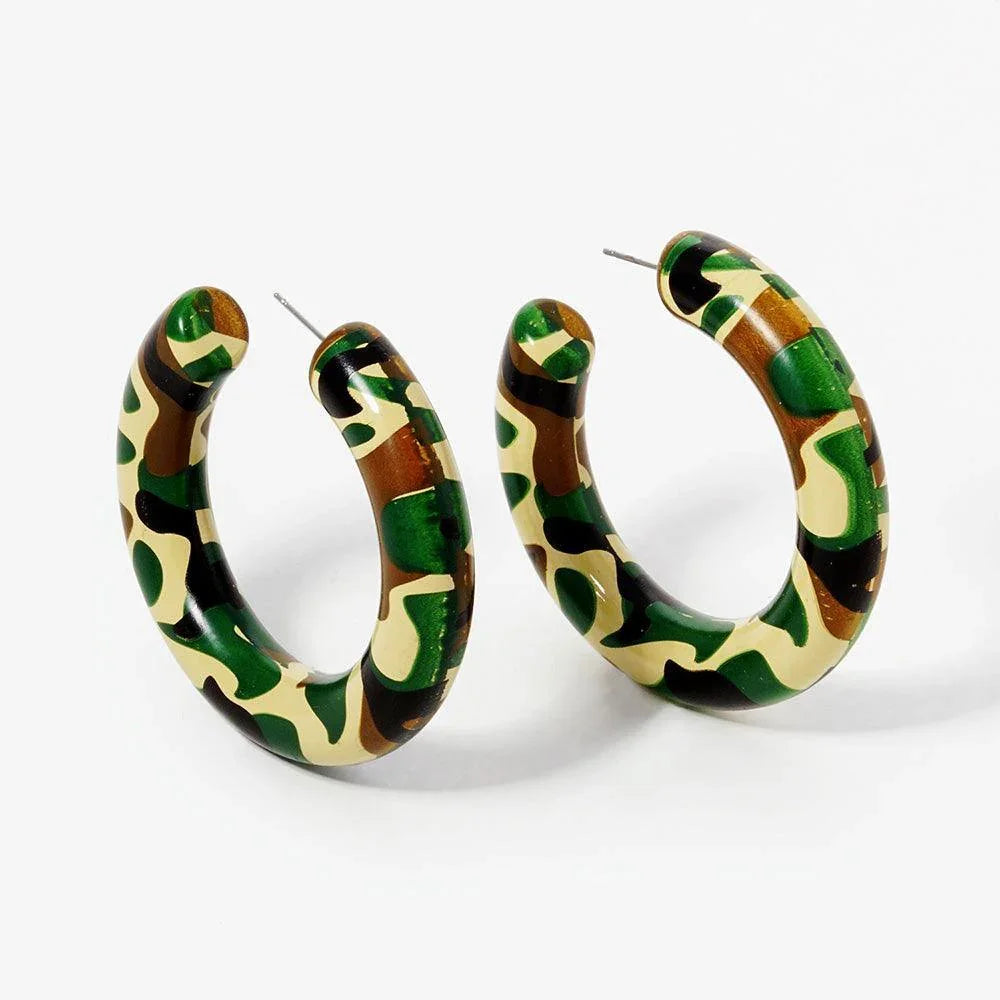 Green Camouflage Printed Wood Thick Hoop Earrings - Jewelry Store by Erik Rayo