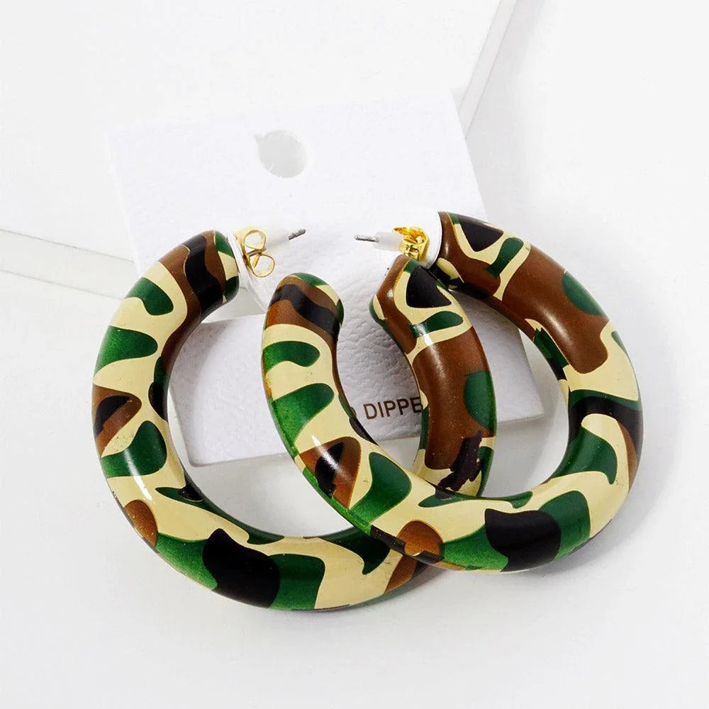 Green Camouflage Printed Wood Thick Hoop Earrings - Jewelry Store by Erik Rayo