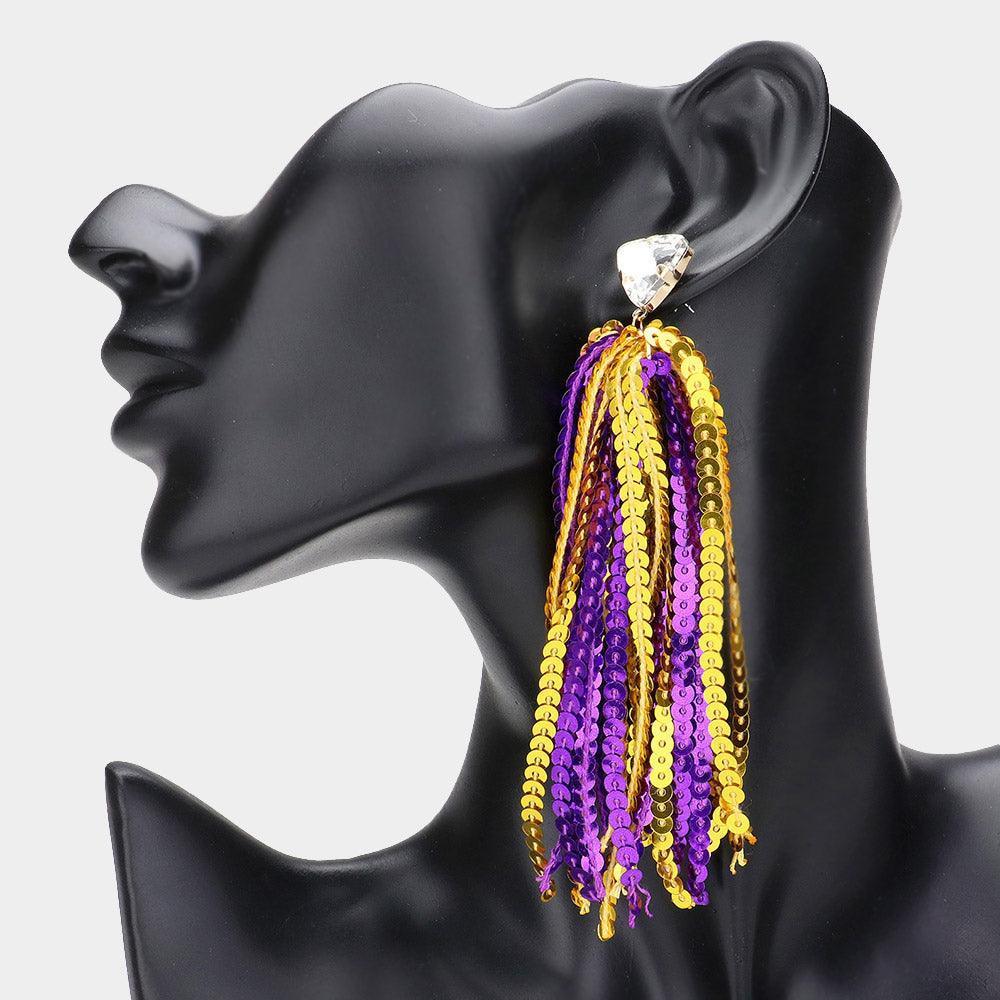 Gold Triangle Stone Cluster Pointed Sequin Tassel Dangle Gameday Earrings - Jewelry Store by Erik Rayo