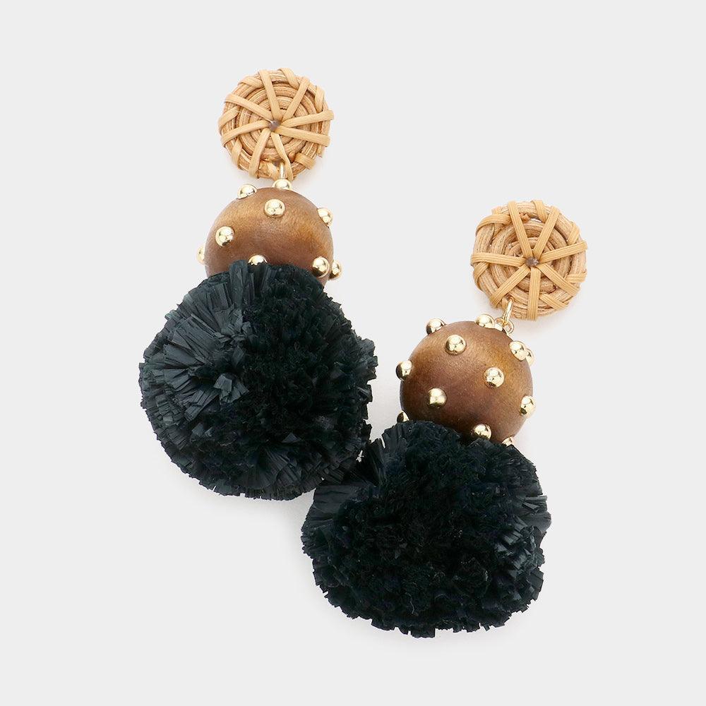 Black Wood Raffia Ball Dangle Earrings - Jewelry Store by Erik Rayo
