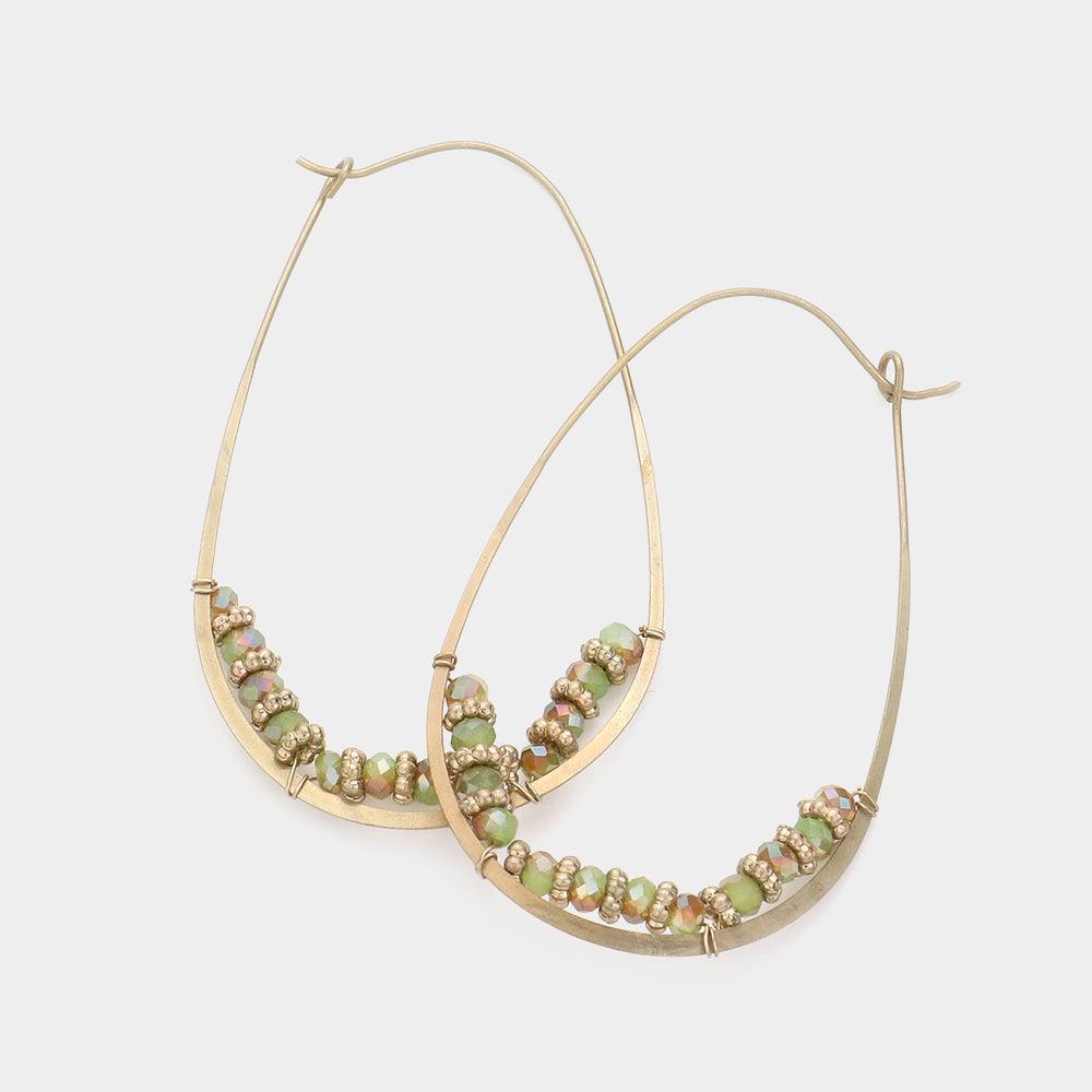 Green Wire Wrapped Bead Detail Metal Teardrop Hoop Earrings - Jewelry Store by Erik Rayo