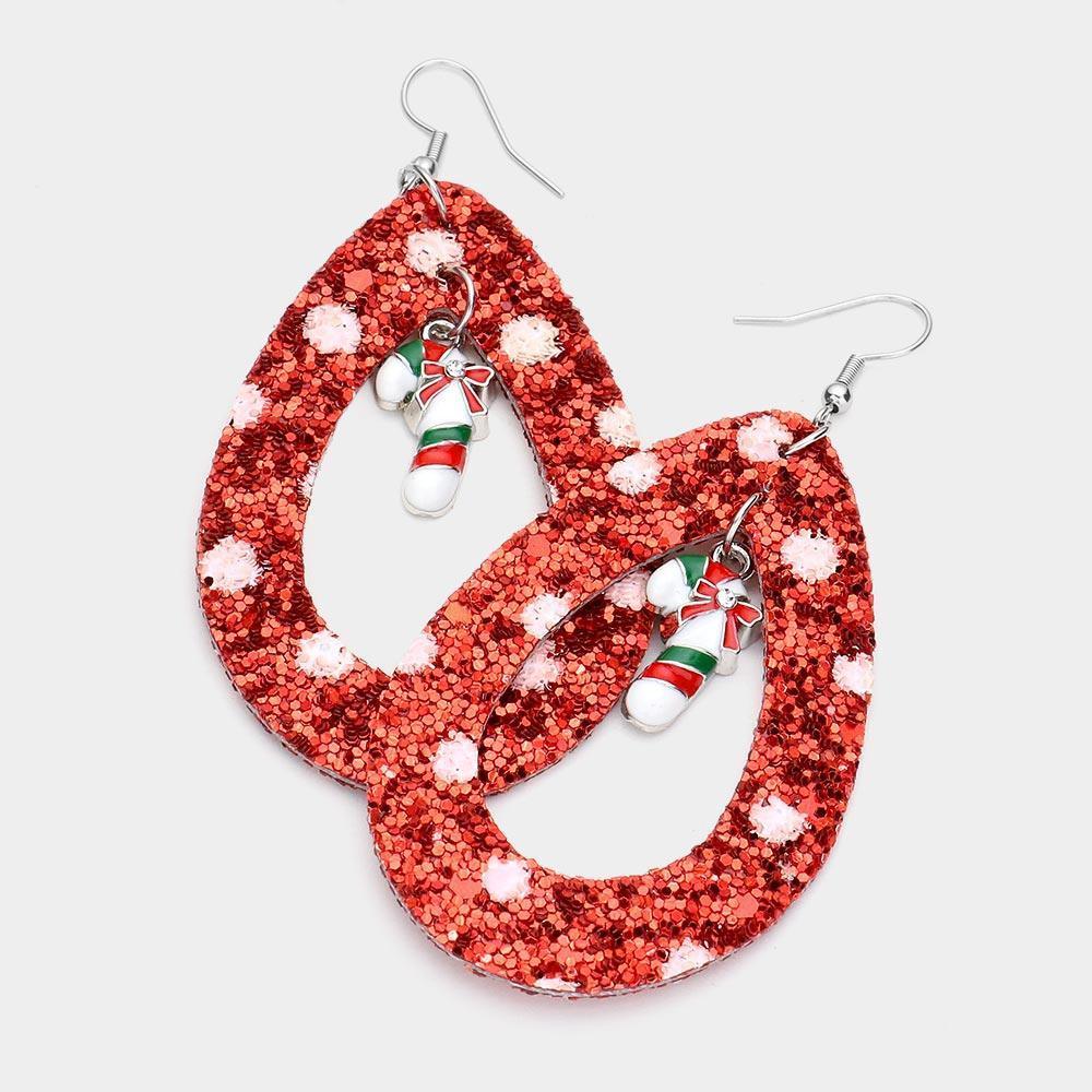 Red Glitter Open Teardrop Candy Cane Dangle Earrings - Jewelry Store by Erik Rayo