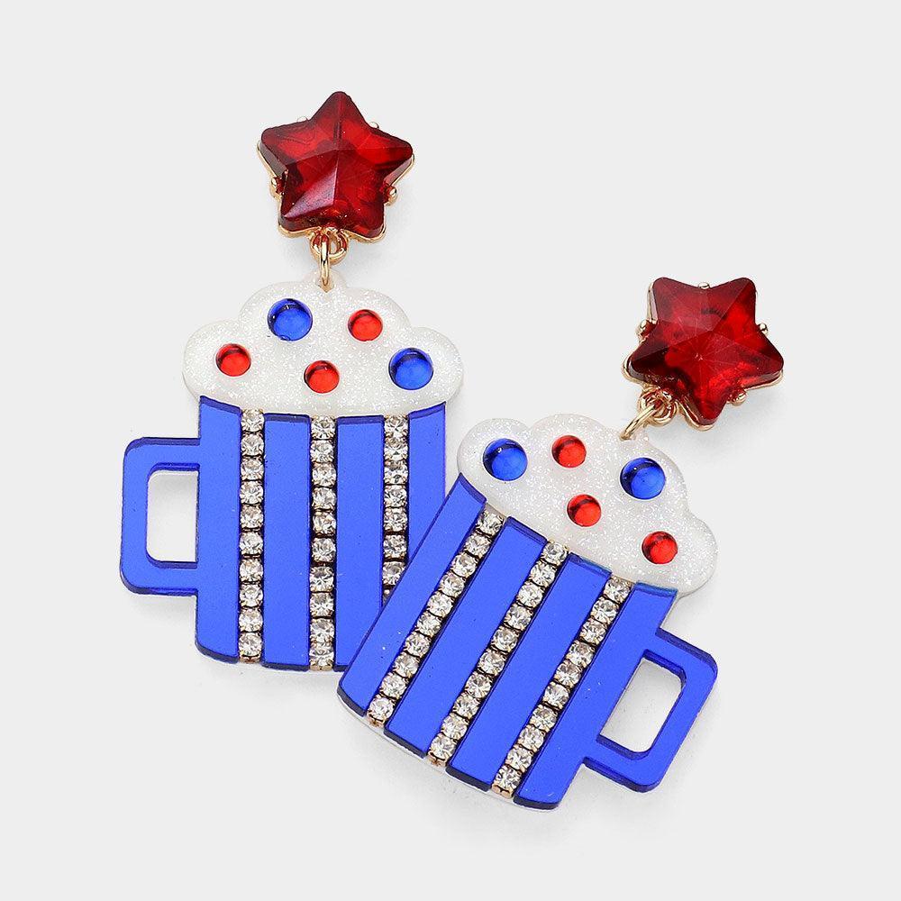 Glittered Resin American USA Flag Beer Pint Glass Dangle Earrings - Jewelry Store by Erik Rayo