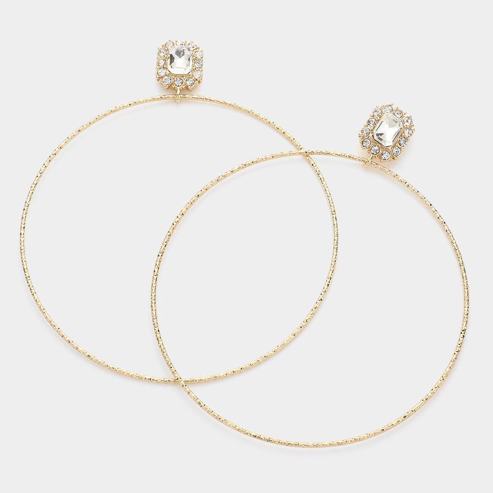 Gold Rectangle Rhinestone Cluster Textured Metal Open Circle Dangle Earrings - Jewelry Store by Erik Rayo
