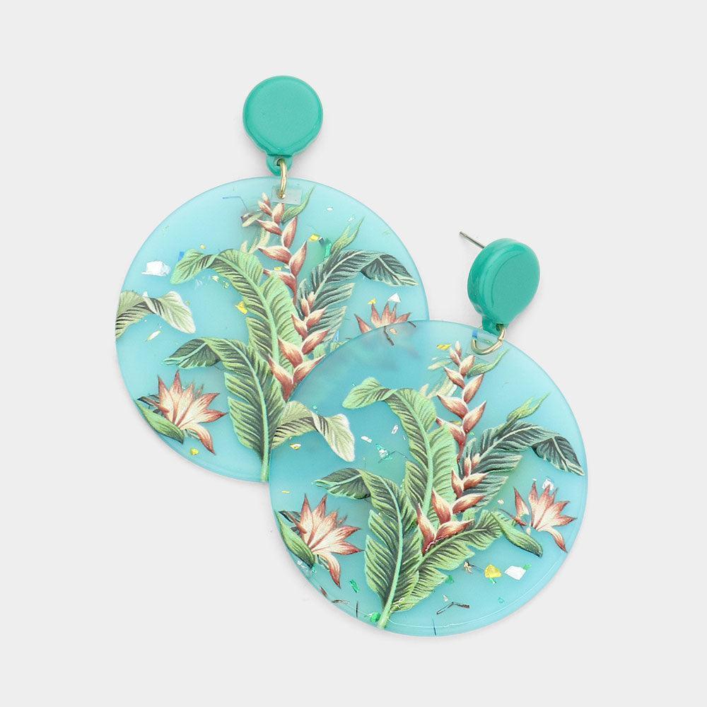 Turquoise Leaf Printed Marbled Round Dangle Earrings - Jewelry Store by Erik Rayo