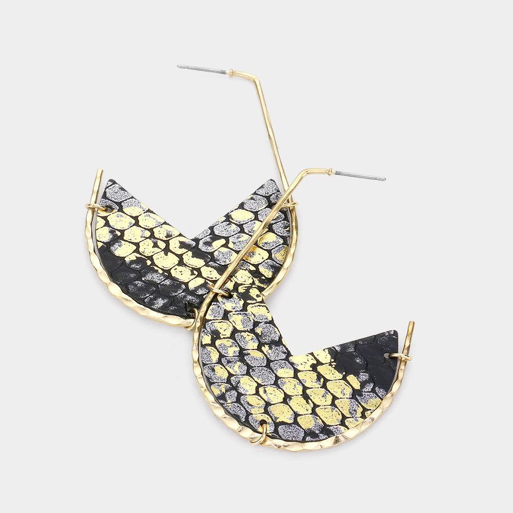 Black Snake Skin Patterned Faux Leather Accented Geometric Earrings - Jewelry Store by Erik Rayo