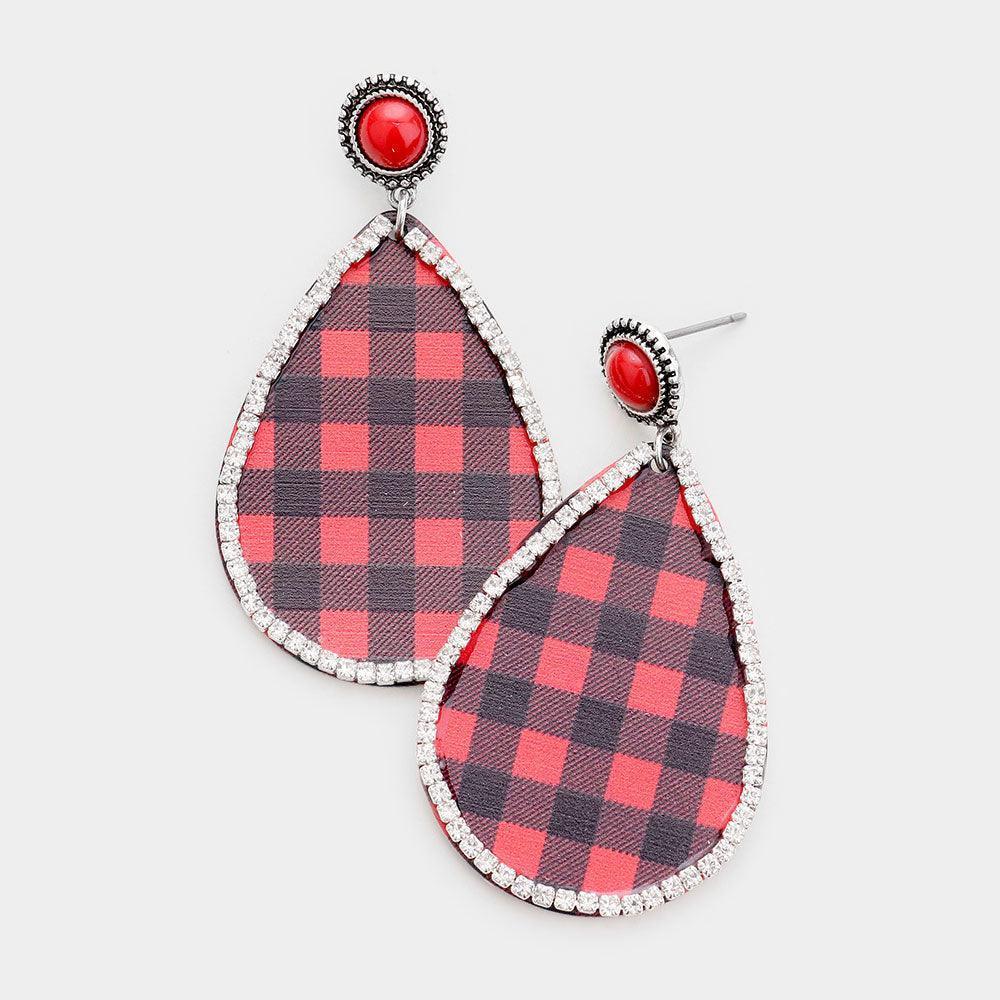 Red Buffalo Check Print Rhinestone Trim Metal Teardrop Earrings - Jewelry Store by Erik Rayo
