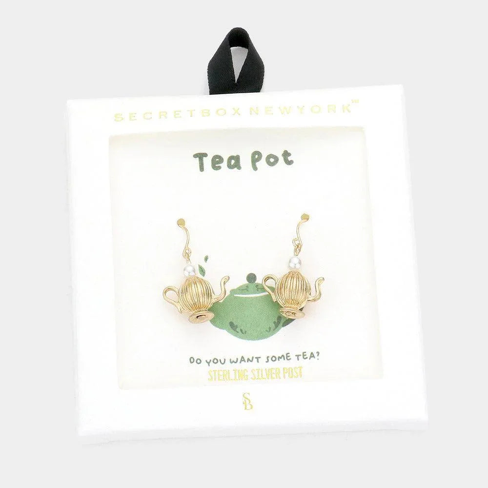 Silver Pearl Pointed Metal Tea Pot Dangle Earrings - Jewelry Store by Erik Rayo