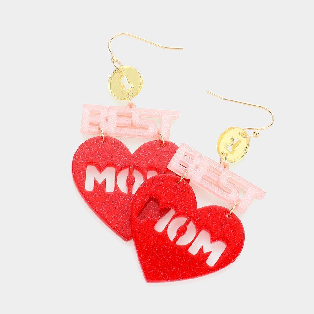 1 Best Mom Glittered Resin Heart Message Link Dangle Earrings - Jewelry Store by Erik Rayo