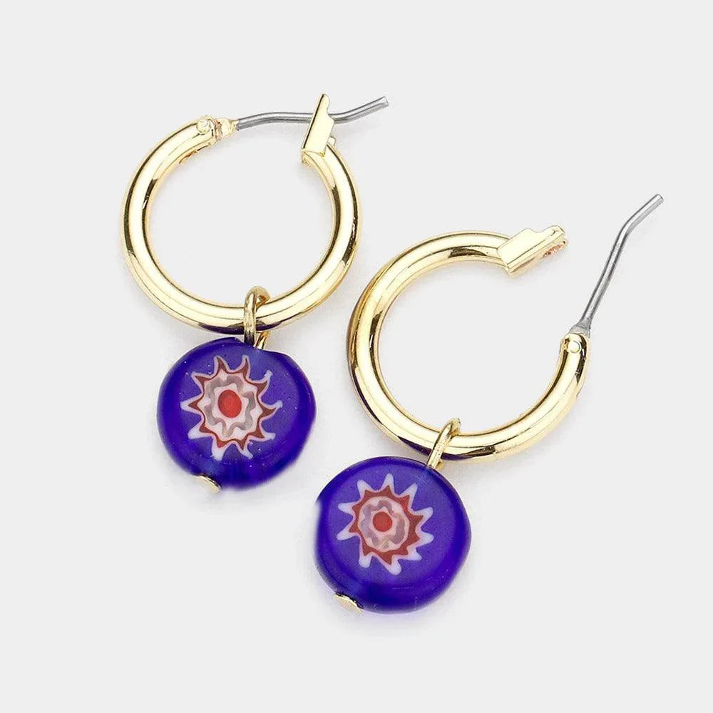 Blue Patterned Round Dangle Metal Hoop Pin Catch Earrings - Jewelry Store by Erik Rayo