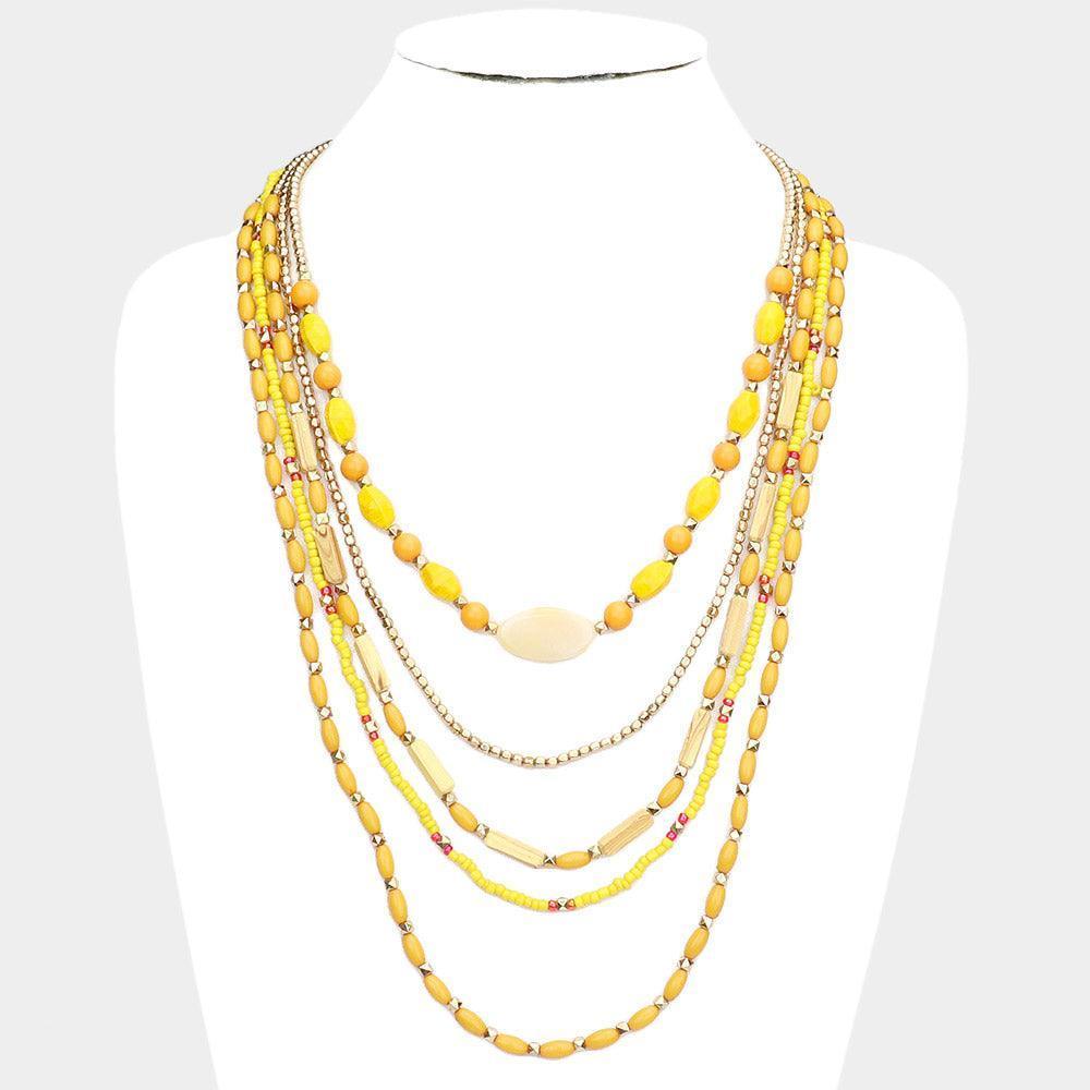 Yellow Wood Seed Beaded Multi Layered Bib Necklace - Jewelry Store by Erik Rayo