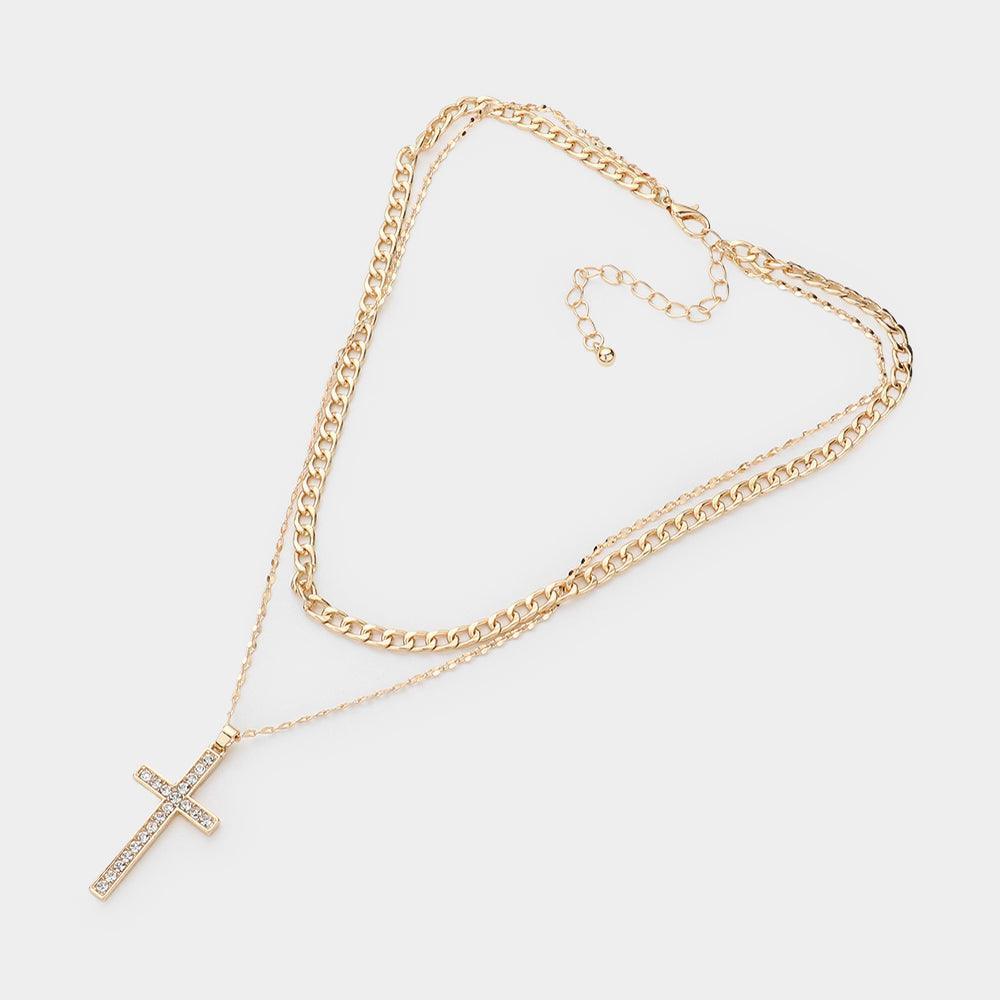 Gold Gold Dipped Stone Paved Cross Pendant Cuban Chain Layered Necklace - Jewelry Store by Erik Rayo