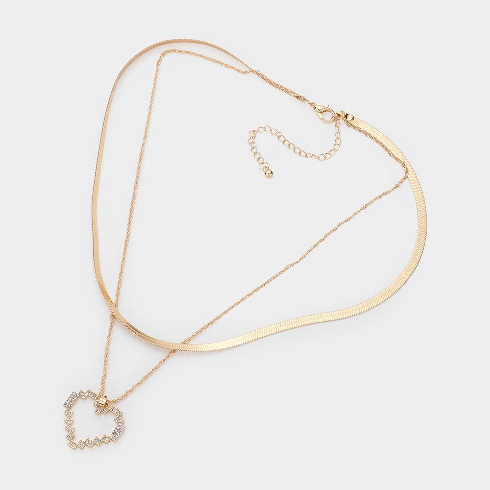 Gold Gold Dipped Stone Paved Open Heart Pendant Snake Chain Layered Necklace - Jewelry Store by Erik Rayo