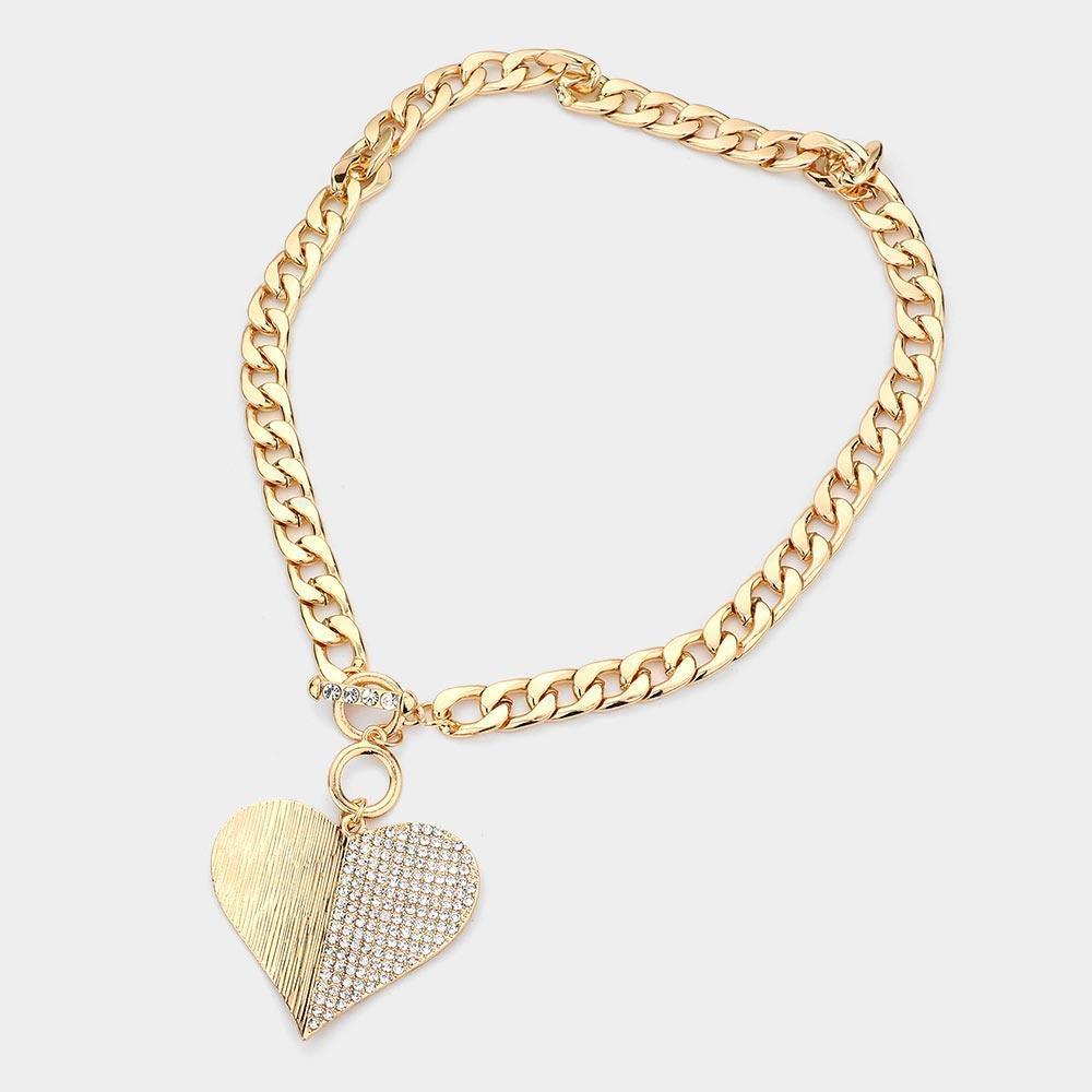 Gold Half Heart Pendant Toggle Necklace Rhinestone Paved - Jewelry Store by Erik Rayo