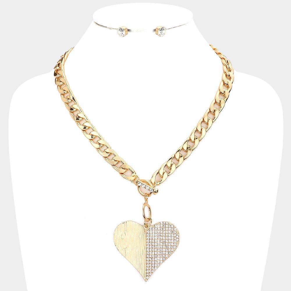 Gold Half Heart Pendant Toggle Necklace Rhinestone Paved - Jewelry Store by Erik Rayo