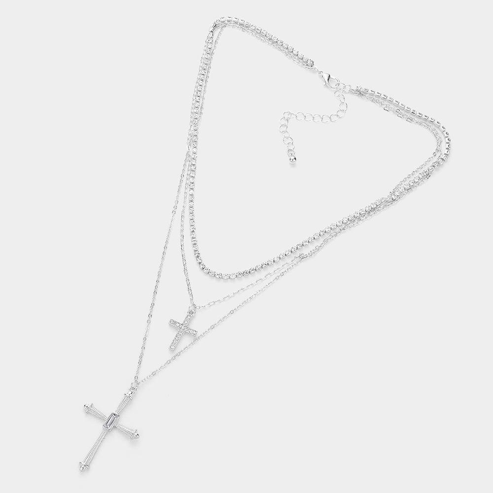 Stone Paved Cross Pendant Double Layered Necklace - Jewelry Store by Erik Rayo