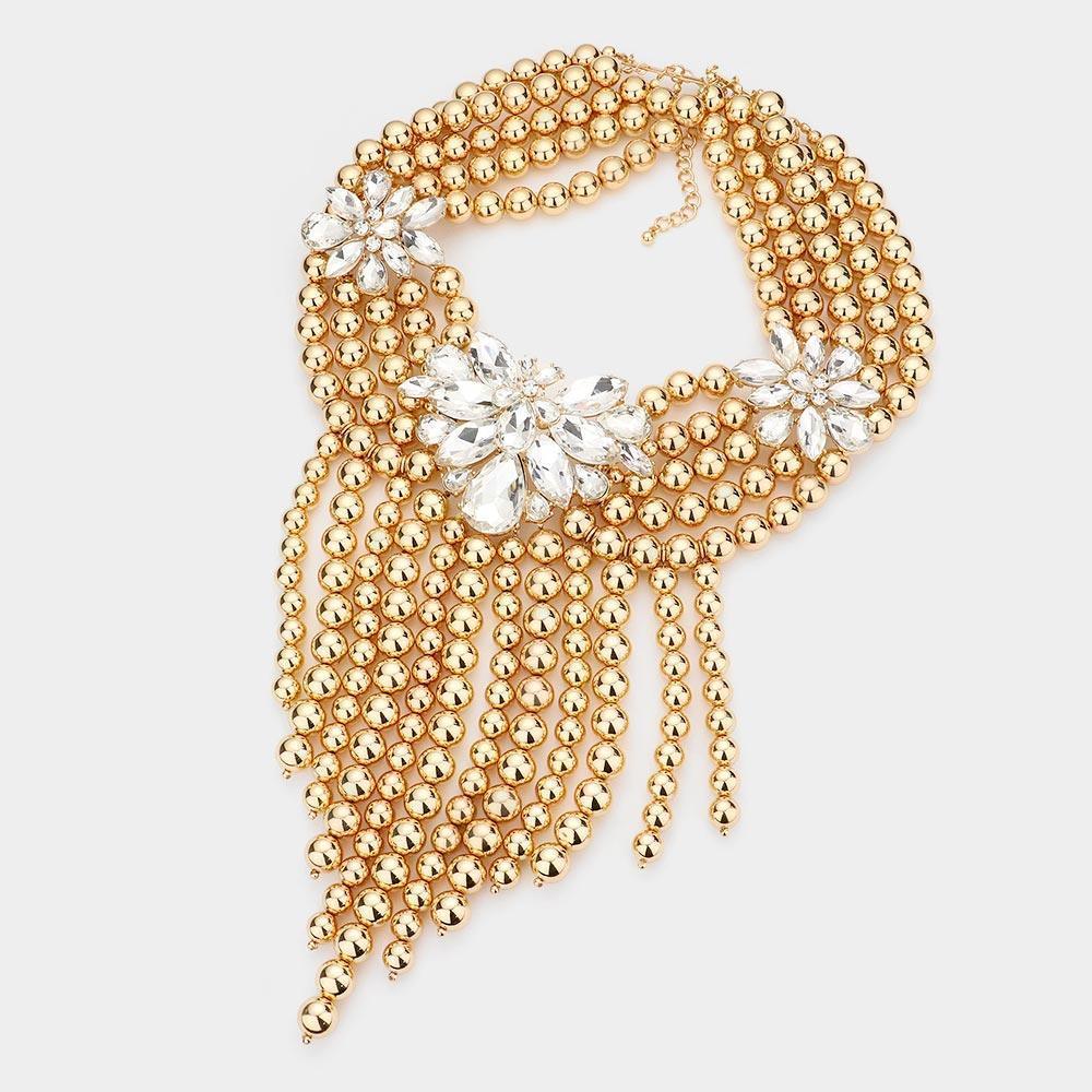Gold Stone Embellished Ball Fringe Statement Necklace - Jewelry Store by Erik Rayo