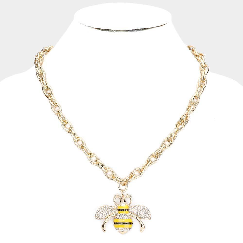 Yellow Rhinestone Embellished Honey Bee Pendant Necklace - Jewelry Store by Erik Rayo